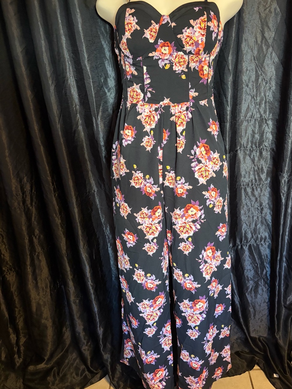 Band of Gypsies Black Strapless Floral Wide-Leg Jumpsuit